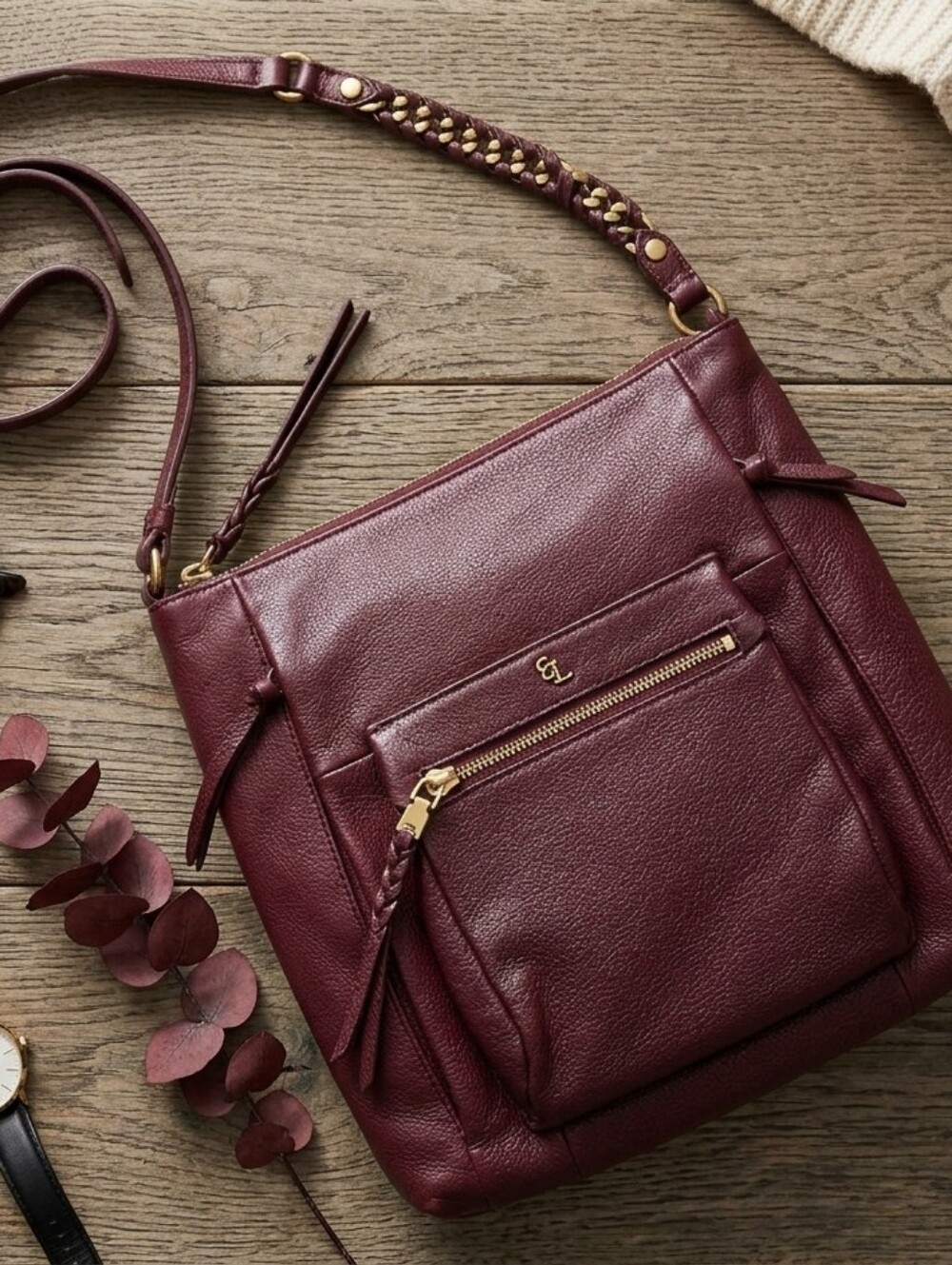 Elliott Lucca Gwen Leather Crossbody Bag Maroon Plum Gold Tone Hardware Multizip